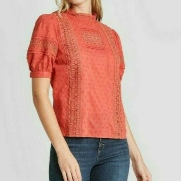 *NEW! WOMEN'S COTTAGECORE PEASANT PUFF SHOULDER CROCHETED TERRACOTTA SMALL - Picture 1 of 6